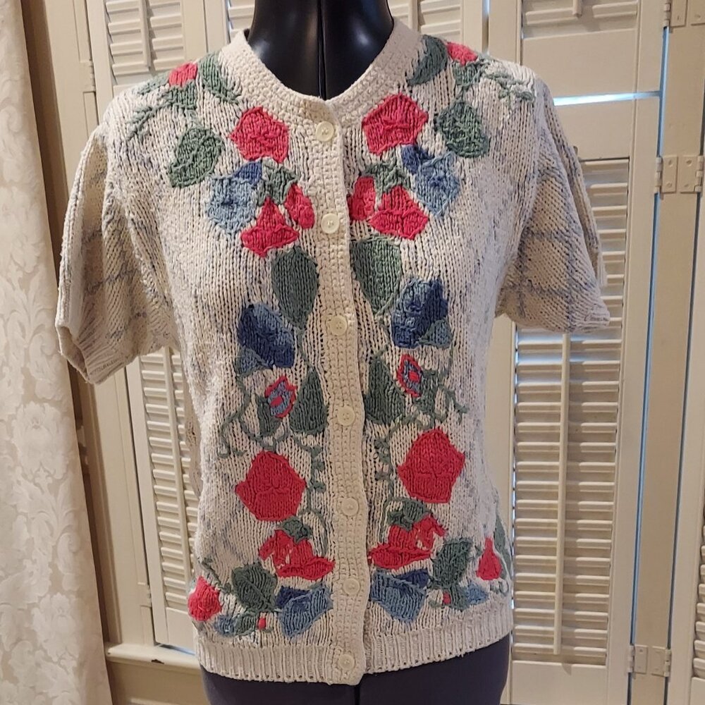 Vintage Morning Glory & Trellis Short Sleeve Sweater Size Small